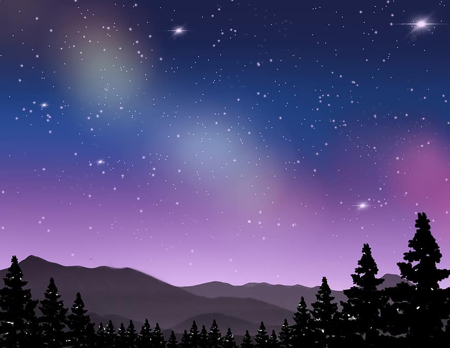 cer, noapte, stele, copaci, munţi, tapet, fundal, Aurora boreala, stea, spaţiu, calea Lactee