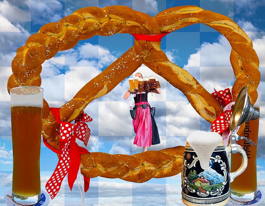Breze, Pretzel, Beer, Wheat Beer, Bavaria, Munich, Oktoberfest, Tradition, Dirndl, Beer Mug, Foam