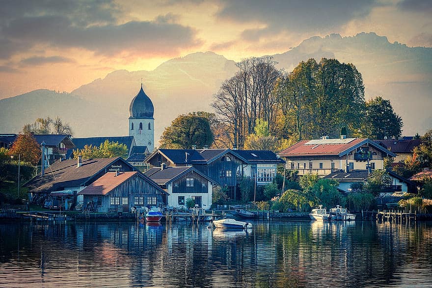 Village, Buildings, Lake, Boats, Reflection, Water, Church, Houses, Mountains, Autumn, Fall