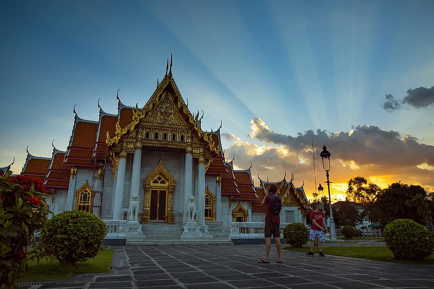 Thailand, tempel, toerist, persoon, vrije tijd, vakantie, reizen, toerisme, zonsopkomst, zonsondergang, zonnestralen