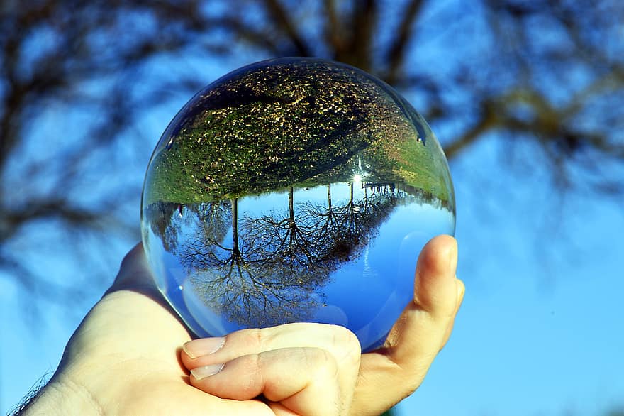 objektyvo rutulys, pobūdį, kraštovaizdį, ranka, atspindys, stiklo rutulys, Kristalinis kamuolys, sfera, žmogaus ranka, aplinką, stiklas