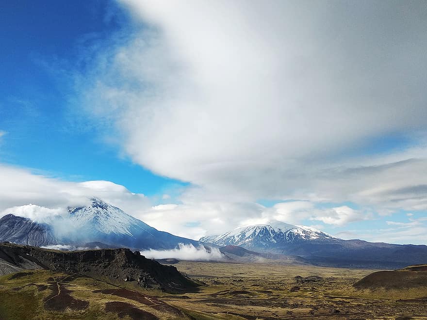 natură, munţi, vulcani, Rusia, Kamchatka, nori