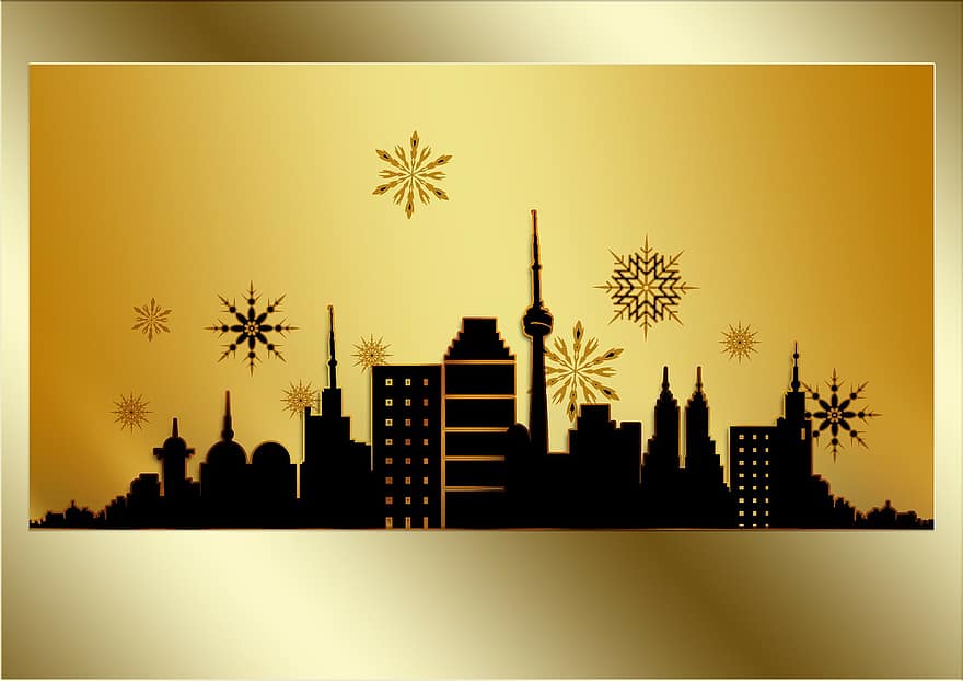 การ์ดวันคริสต์มาส, การ์ดอวยพร, ทอง, เส้นขอบฟ้า, ตึกระฟ้า, ภาพเงา, เกล็ดหิมะ, การกำเนิด, คริสต์มาส, ดาว, อวยพรวันคริสต์มาส