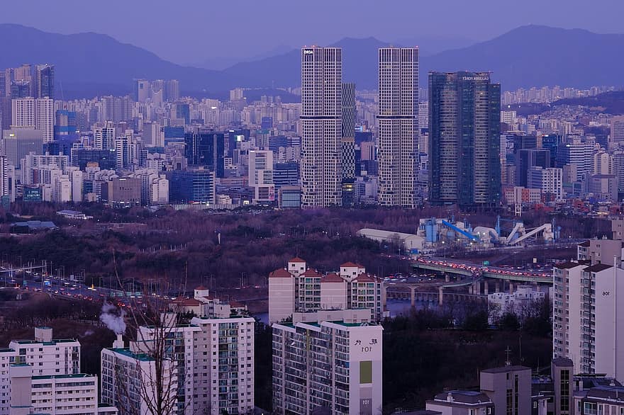 сгради, град, градски, пейзаж, нощен изглед, планина, небе, Сеул, Република Корея, Южна Кореа, залез слънце