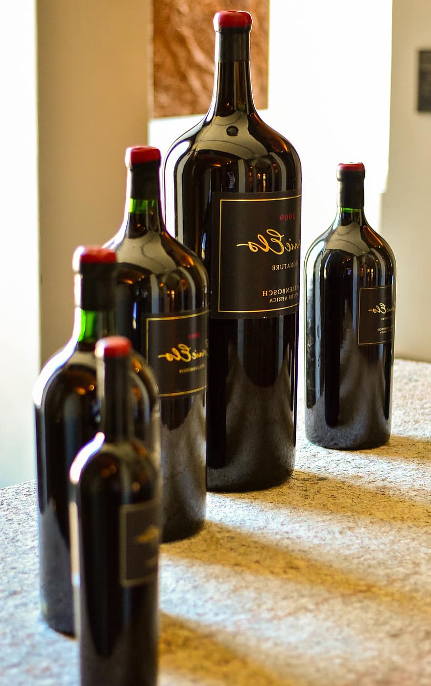 Vinos Ernie Els, Botellas de vino, vino, lagar, botella, botella de vino, alcohol, beber, de cerca, líquido, vaso
