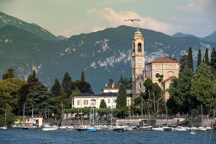 湖、教会、タワー、イタリア、コモ湖、シティ、イタリアの