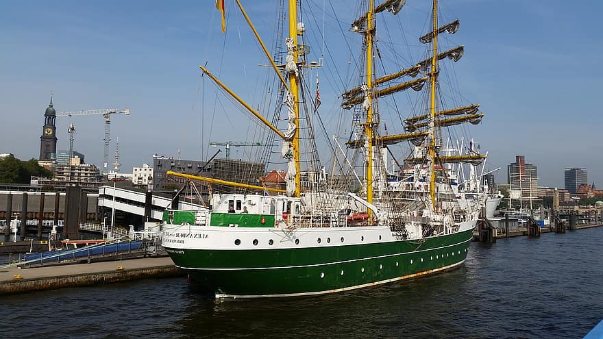 vitorlás hajó, Hamburg, kikötő, Alexander, által, humboldt, Elbe, víz, folyó, hajó, hanseatic város