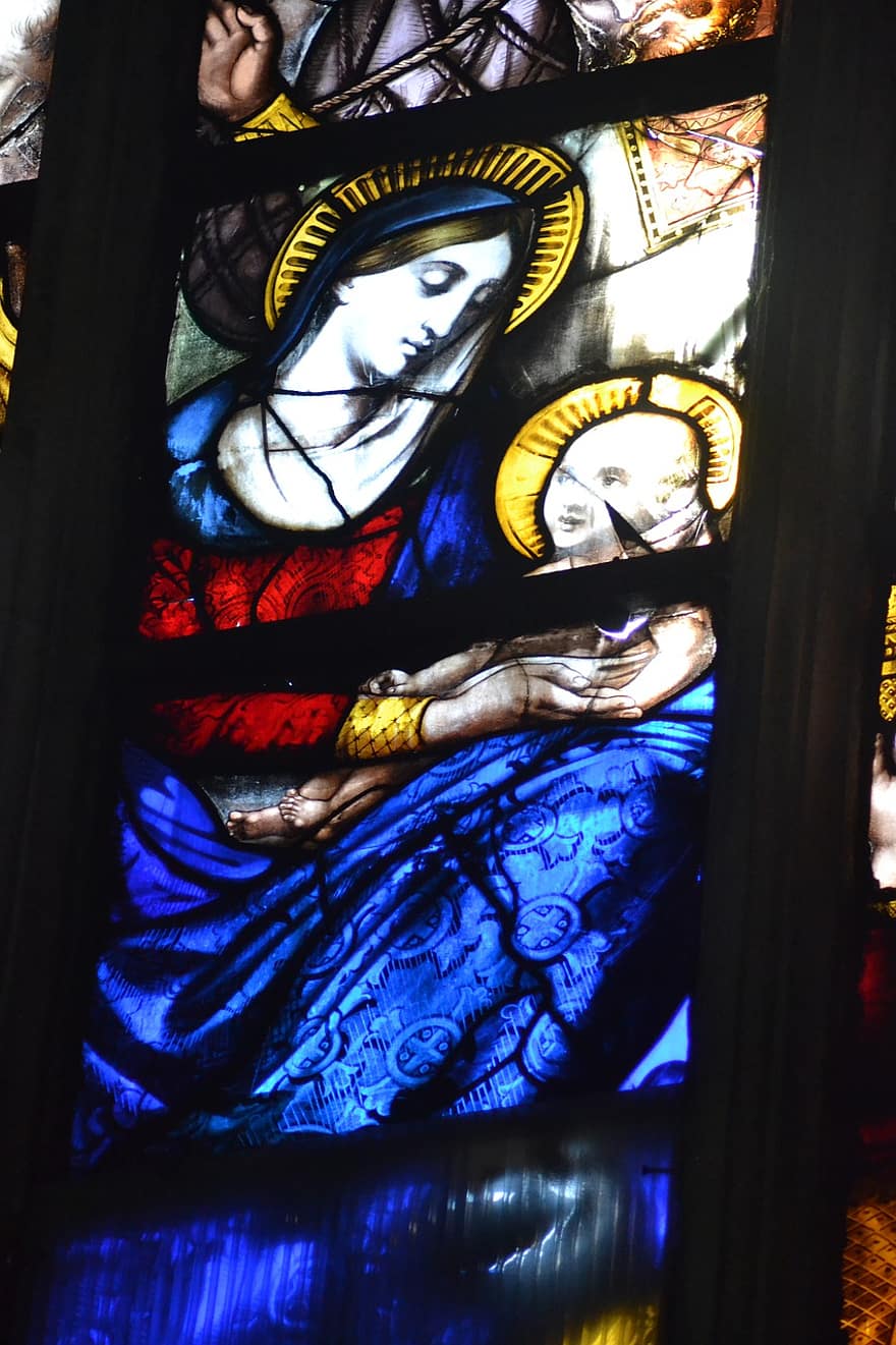 Vitral, ventana, Iglesia, vistoso, azul, mamá, niño, María, Jesús, anillos, enlazar