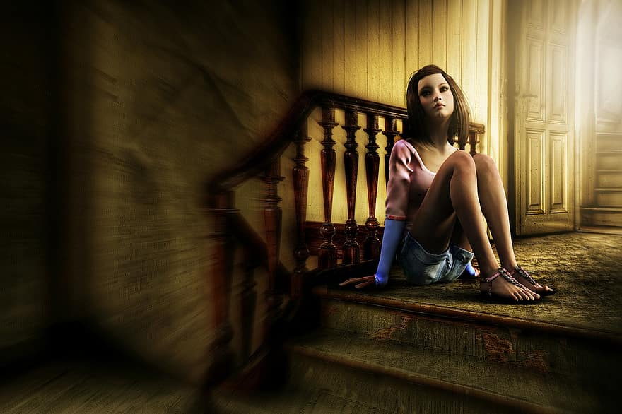 Person, Girl, Stairs, Fear, Fantasy, Sit, Alone, Lonely, Depression, Sad, Loneliness