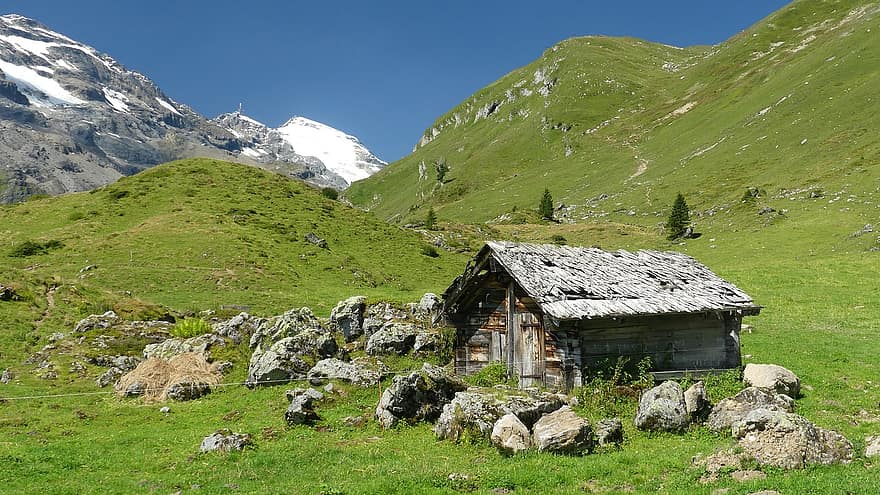 Alpen, Hütte, Hügel, Berghütte, Felsen, alpin, Schneeberge, Hochland, Felder, Wiesenn, Schweiz