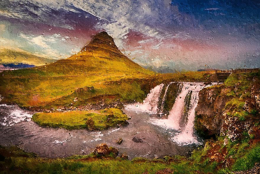 Nature, Mountains, Cliff, Waterfall, Landscape, Scenery, Outdoors, Water, Sky, Clouds, Digital Painting