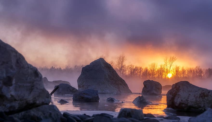 río, Mañana, niebla, escarcha, piedras, invierno, Siberia, Rusia, paisaje