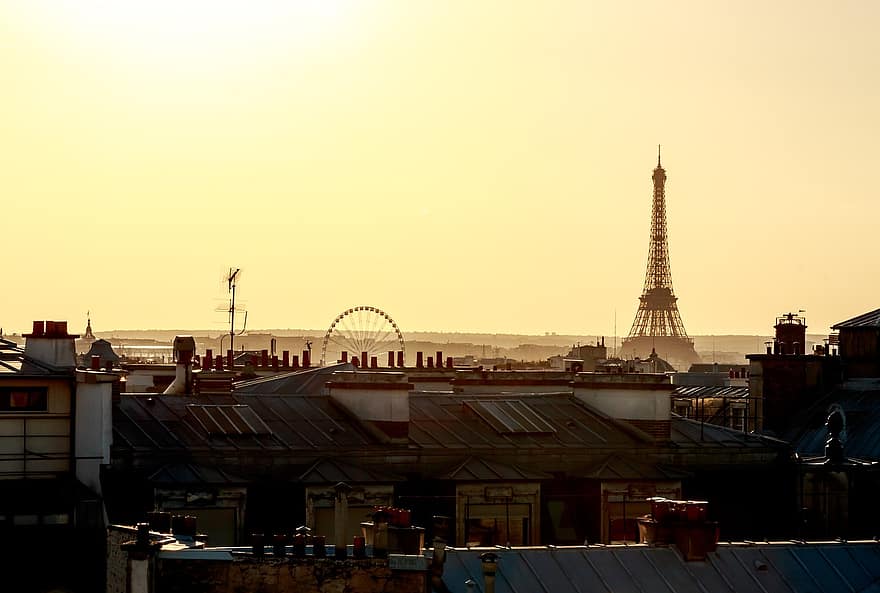 Paris, toit, tour Eiffel, Urbain, architecture, le coucher du soleil, France, ciel, célèbre, Capitale, L'Europe 