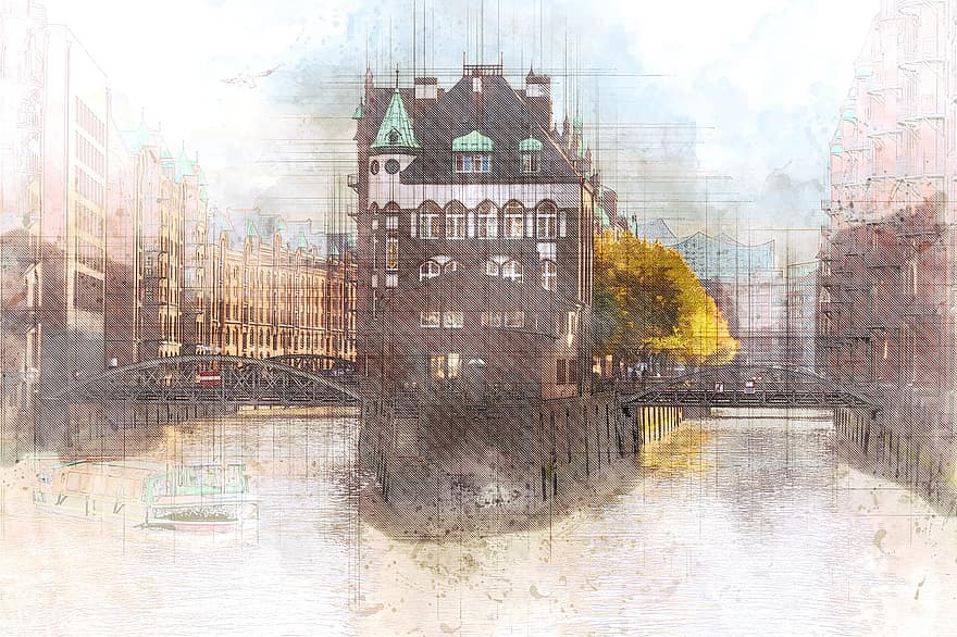 mimari, bina, işaret, Hamburg, Speicherstadt, kanal, depo, nehir, boyama, Sanat, ünlü mekan