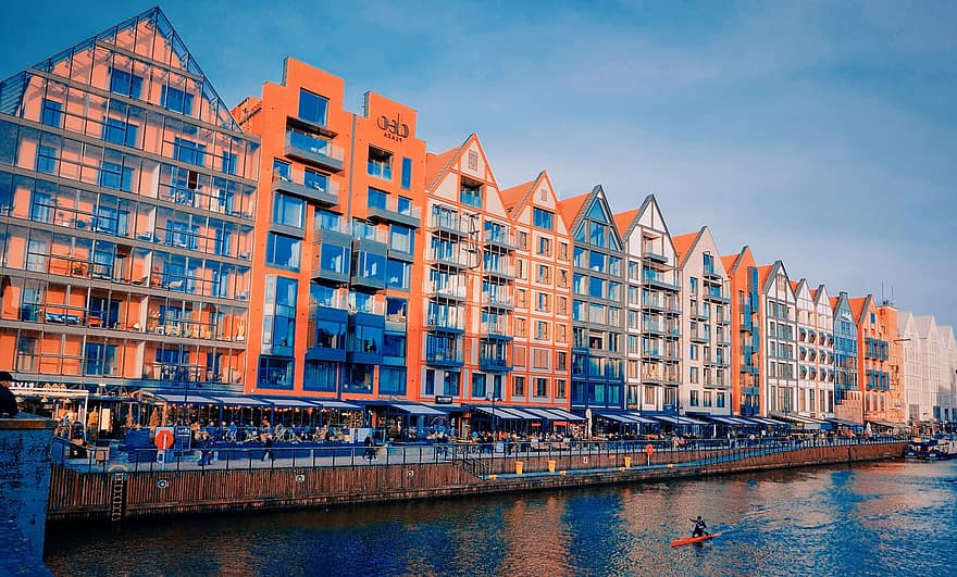 Gdańsk, Neljännes kerrostaloja, asuinrakennus, Makasiinien saari, arkkitehtoninen tyyli, liikekeskus, väkijoukko, hotelli, Kahvilat, ravintola, kahvila