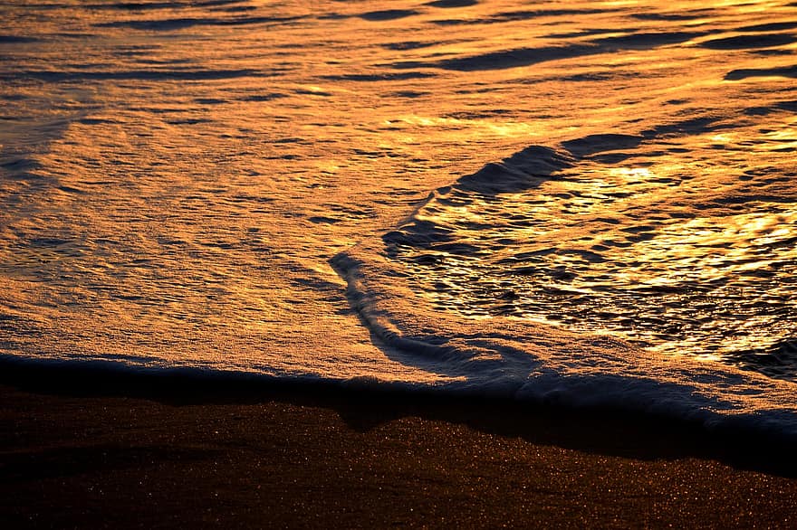 океан, пляж, песок, пена, Отражение восхода солнца, утро, воды, природа, отражение