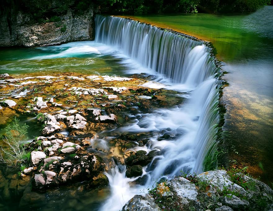 rivier-, waterval, natuur, landschap, water, Bos, rots, vloeiende, groene kleur, vallend, versheid