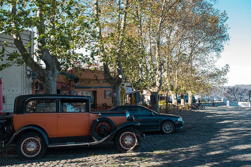 auto, vieux, colonial, colonia, Uruguay, des pierres, Maisons, ancien