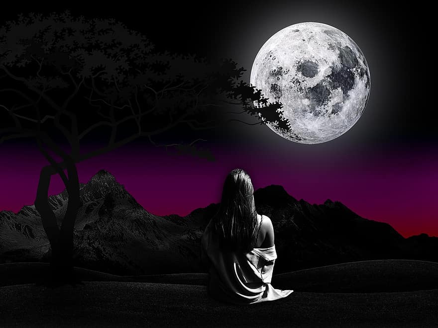 Loneliness, Sunset, Moon, Mountains, Girl, Abandoned, Parting, Tragedy, Mount, Sadness, Sorrow