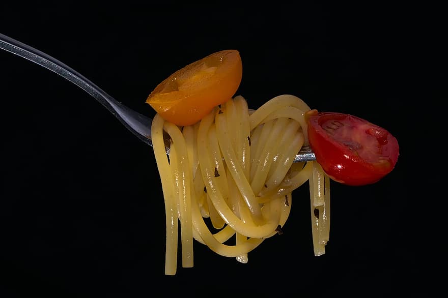 espaguetis, pastas, comida, los tomates, tallarines, tenedor, cocina italiana, plato, disfruta la comida, cocina, sabroso