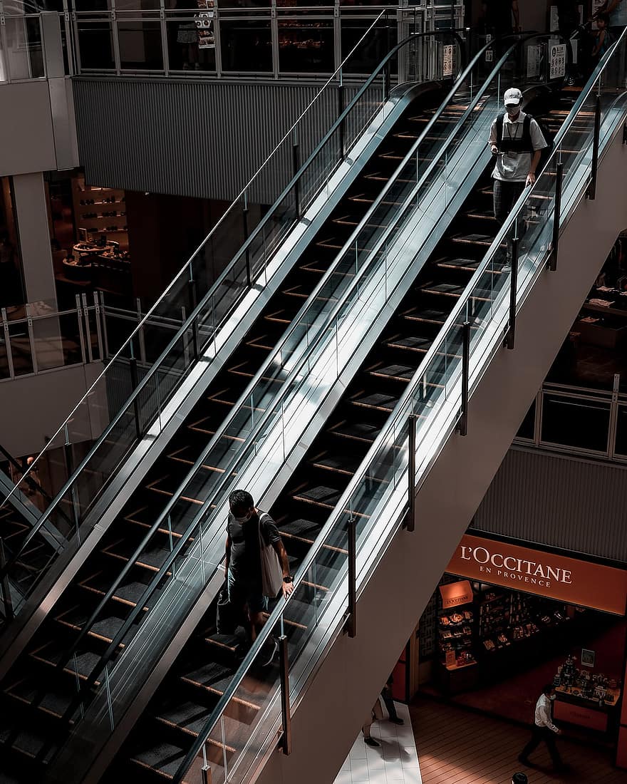 rulltrappa, trappa, människor, köpcenter, teknologi, stad, tokyo