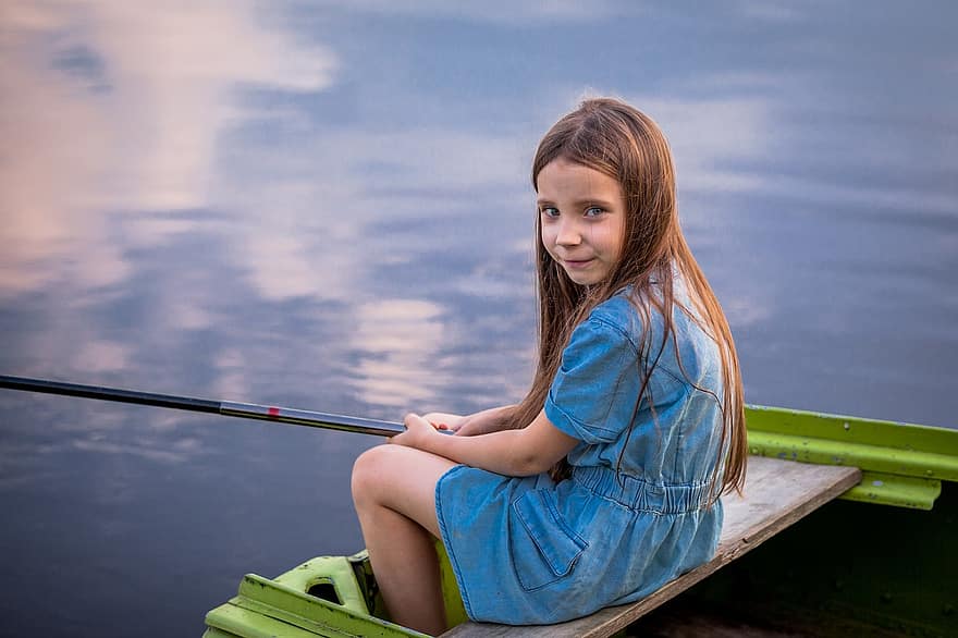 어업, 소녀, 호수, 어린이, 아이, 여름, 물, 막대, 물고기, 젊은, 잡기