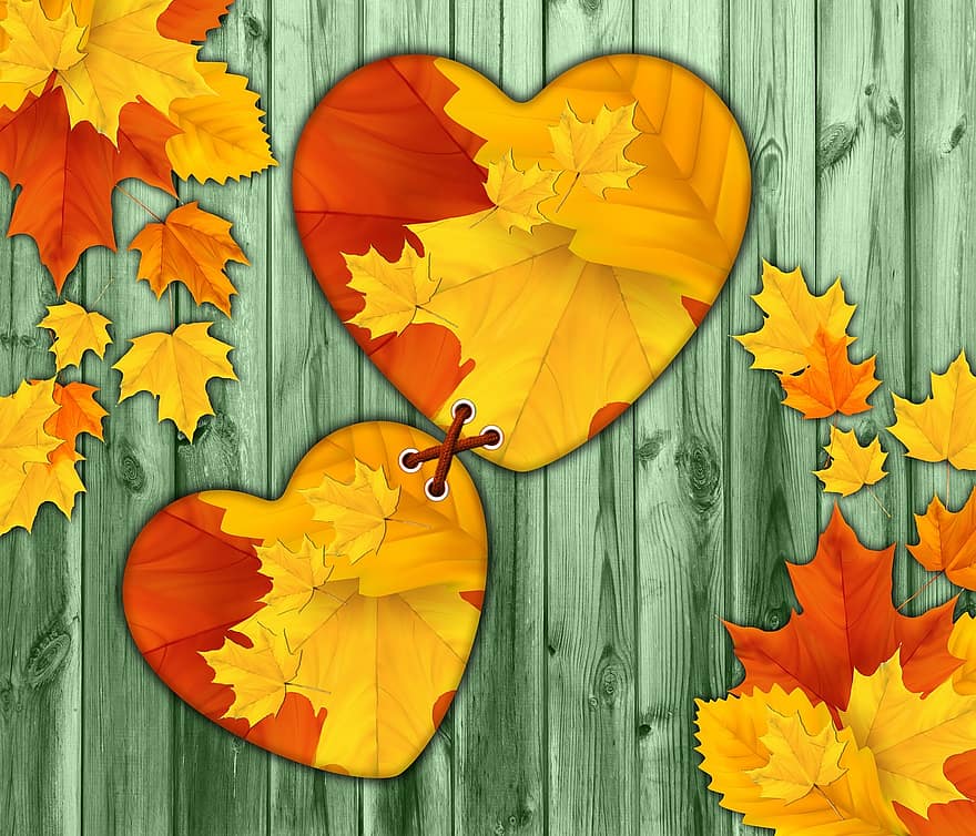 Contexte, texture, l'automne, feuilles, feuilles d'automne, conception, cœur, cœurs, bois, les textures