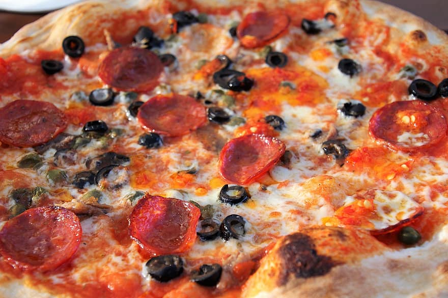 pizza, fad, mad, snack, måltid, fastfood, salami, oliven, ost, mozzarella, velsmagende