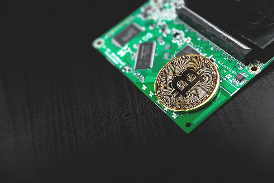 bitcoin, conceito, -, impresso, o circuito, borda, processador, microchips, banco, bancário, blockchain