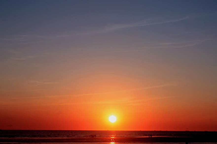 zonsondergang, zon, zee, strand, water, horizon, oceaan, zonlicht, schemer, Oranje lucht, panorama