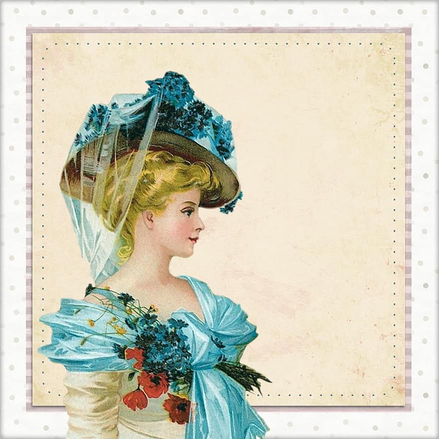 vintage, victoriana, fons, blau, dona, senyora, flor, barret, ornamentat, targeta, moda