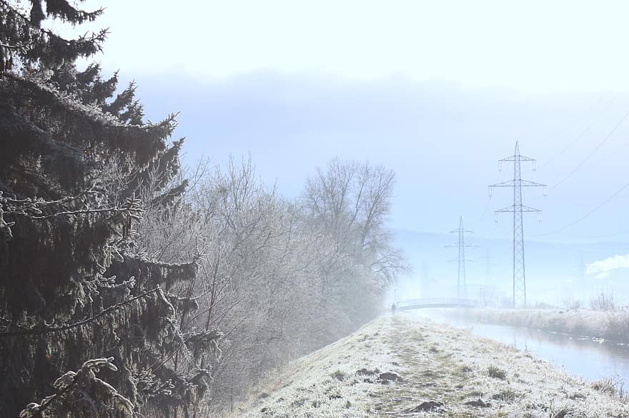 冬、運河、電力線、架空送電線、畑、霧、霧の、もや、朝の霧、水路、空