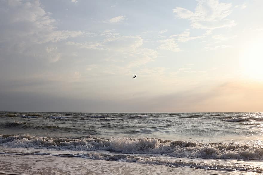tenger, Az Azovi-tenger, Napkelte, horizont, ég, háttér, tengeri tájkép, hullámok, összeomlik, óceán, strand