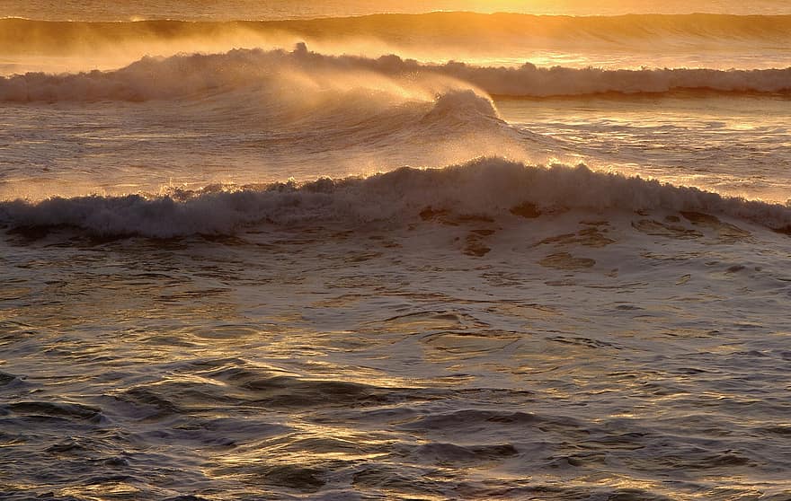 bølger, hav, solnedgang, sollys, havsprøjte, ocean, vand, marinemaleri, skumring, aften, strand