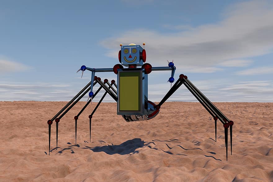robot, droid, Spindelrobot, öken-, 3d render, illustration, maskineri, sand, roligt, teknologi, blå