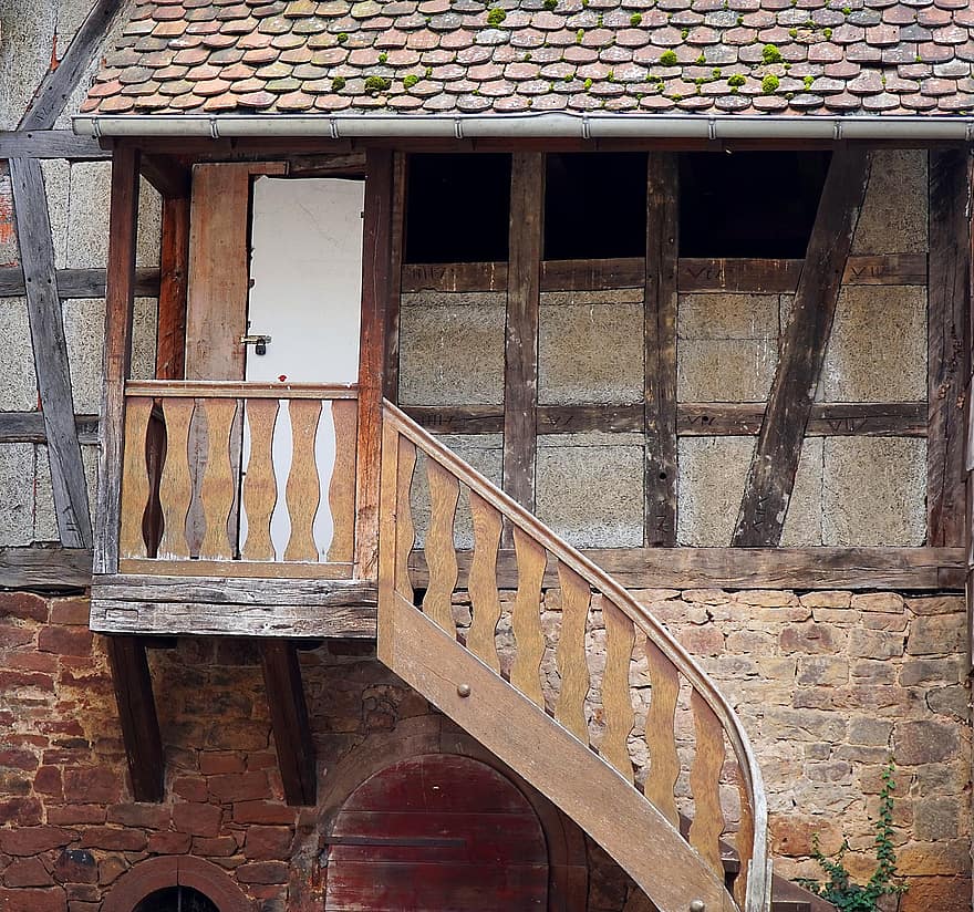 timber framed house, stairs, architecture