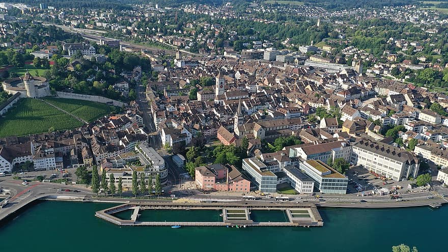 Schaffhausen, มุมมอง arial, Rhein, Rine, เมืองเก่า, สระว่ายน้ำ, munot, หลักเขต, สมัยกลาง, อาคาร, การท่องเที่ยว
