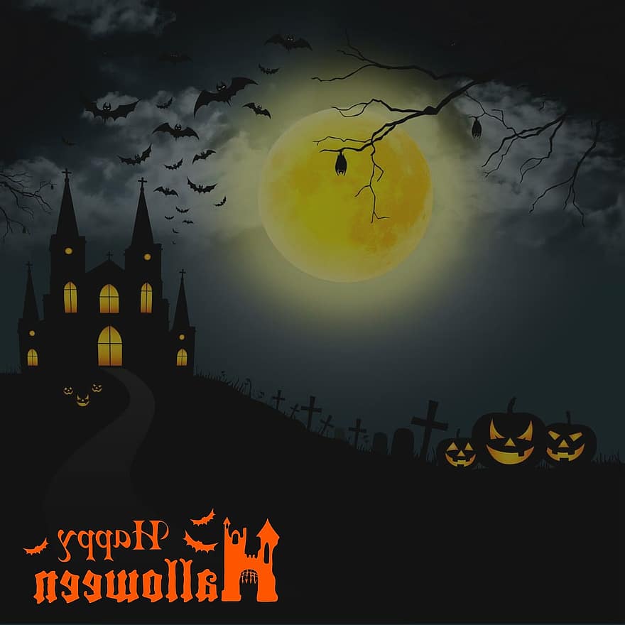 Halloween, castell, estrany, surrealista, atmosfera, bat, lluna