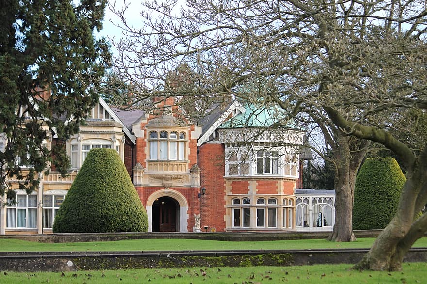 Bletchley Park, herenhuis, huis, park, tuin-, facade, Ingang, historisch, Milton Keynes