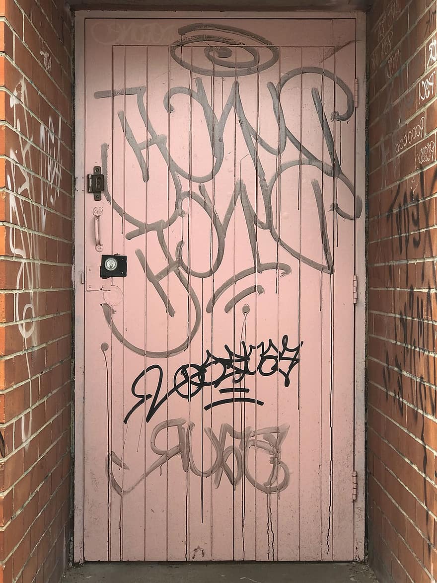 граффити, дверь, сломанный, кирпичные стены, красные кирпичные стены, уличное искусство