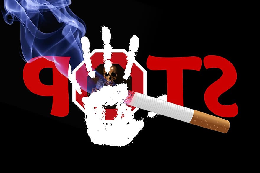 กะโหลกศีรษะและกระดูกไขว้, กะโหลกศีรษะ, หยุด, มือ, ที่สูบบุหรี่, บุหรี่, ควัน, ไม่แข็งแรง, ติดยาเสพติด, โรคมะเร็งปอด, ยาสูบ