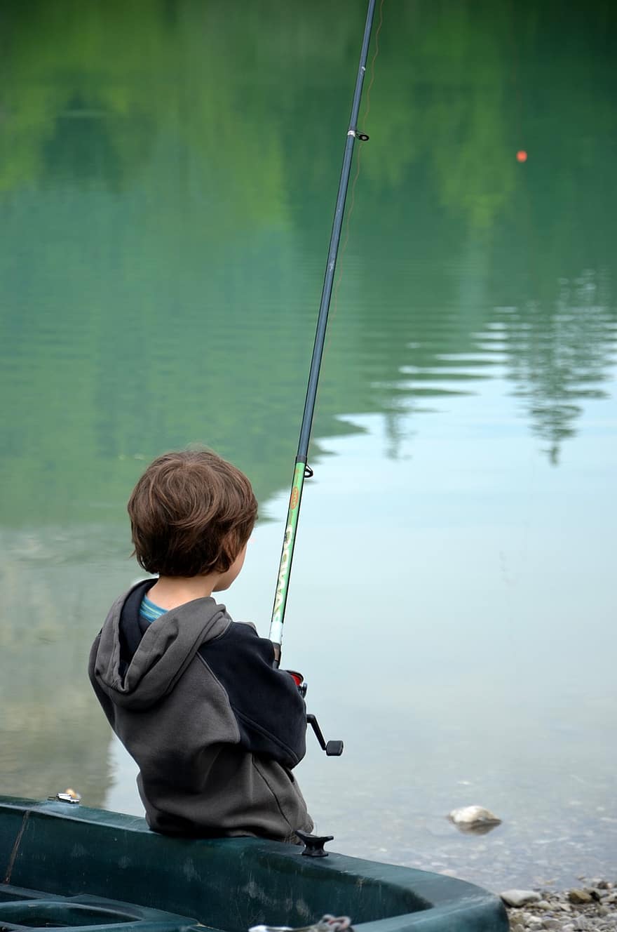 bambino, pesca, lago, canna da pesca, ragazzo, tempo libero, barca, canoa