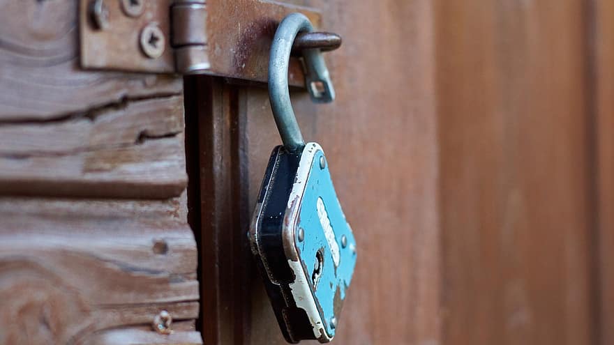 puerta, candado, bloquear, encargarse de, antiguo, madera, metal, cerrado, de cerca, acero, oxidado