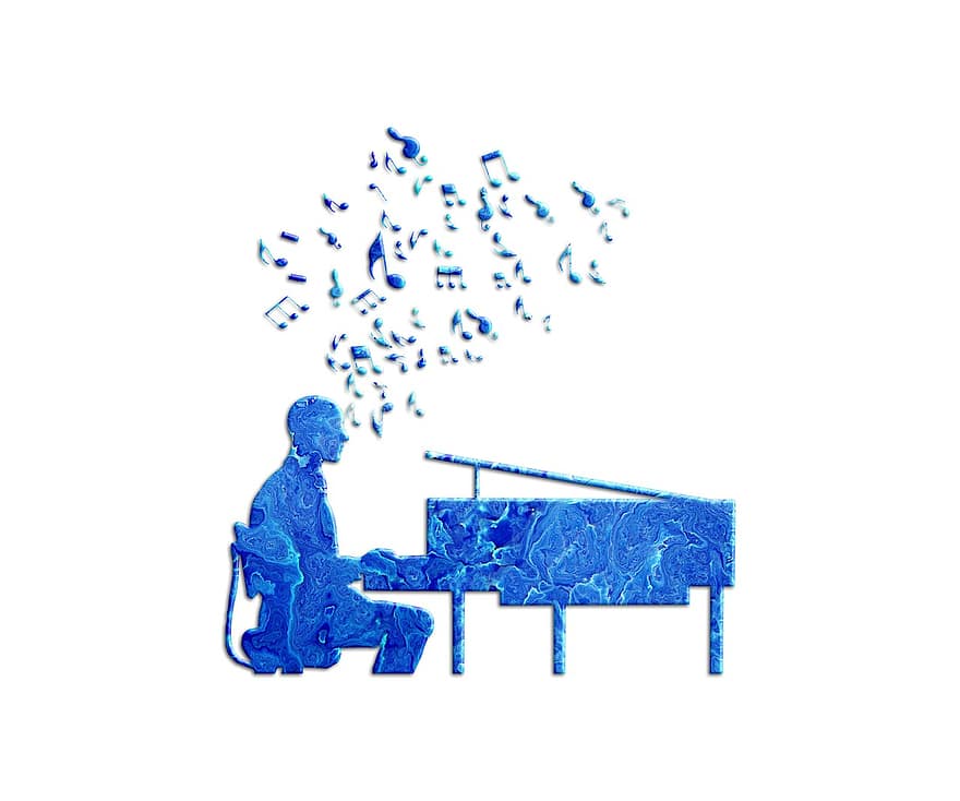 agua, pianista, piano, ondas, ondas azuis, música, músico, notas musicais, instrumento musical, abstrato, imprimível