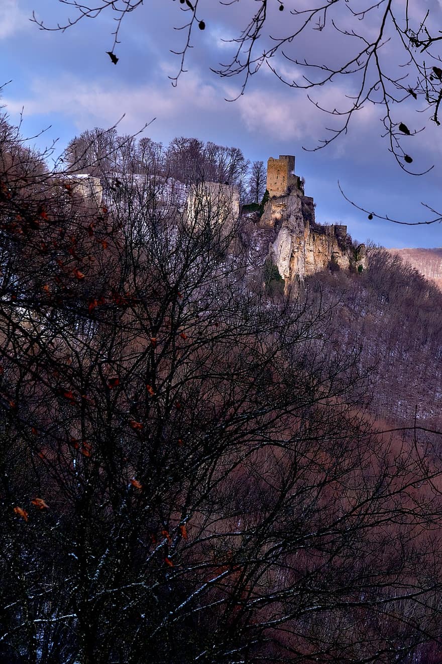 castillo, castillo de caballero, ruina, edades medias, envidioso, Reusstein, Baden-wuerttemberg, invierno, nieve, panorama, caminata