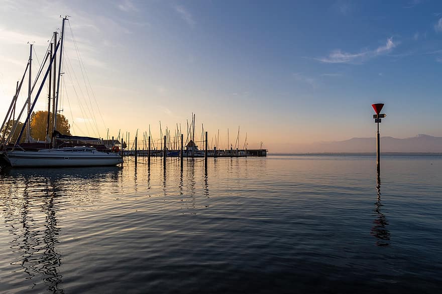 Lake, Port, Sunset, Dusk, nautical vessel, water, sailboat, yacht, sailing, summer, blue