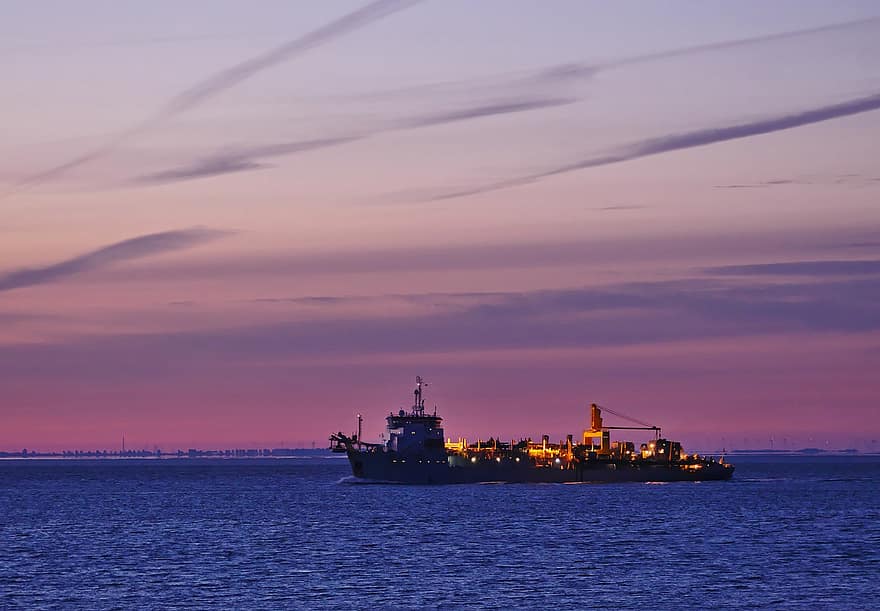 hajó, folyó, Napkelte, működő hajó, szívó kotrógép, reggel, szürkület, Elbe, jelenlegi, Cuxhaven, légkör