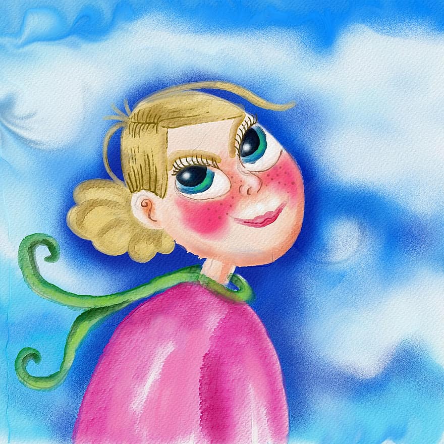 Watercolour, Watercolor, Paint, Painting, Doodle, Cartoon, Woman, Person, Female, Lady, Pink