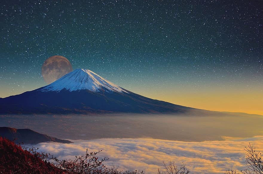 Monte Fuji, montaña, crepúsculo, Luna, cielo nocturno, nubes, niebla, estrellas, cielo, espacio, noche