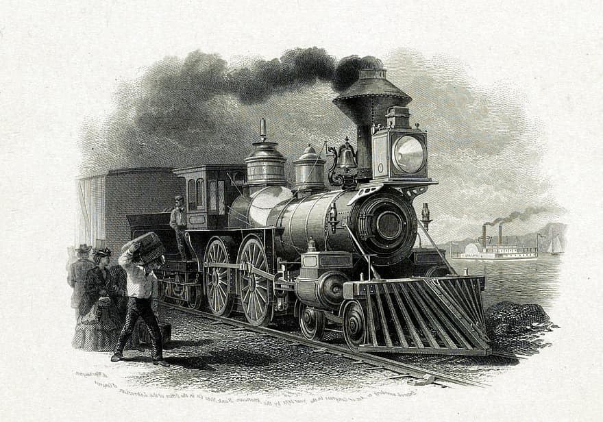 Dampflokomotive, Zug, Transport, Raddampfer, Passagiere, Reisende, Menschen, Jahrgang, Kunst, Karte, Poster